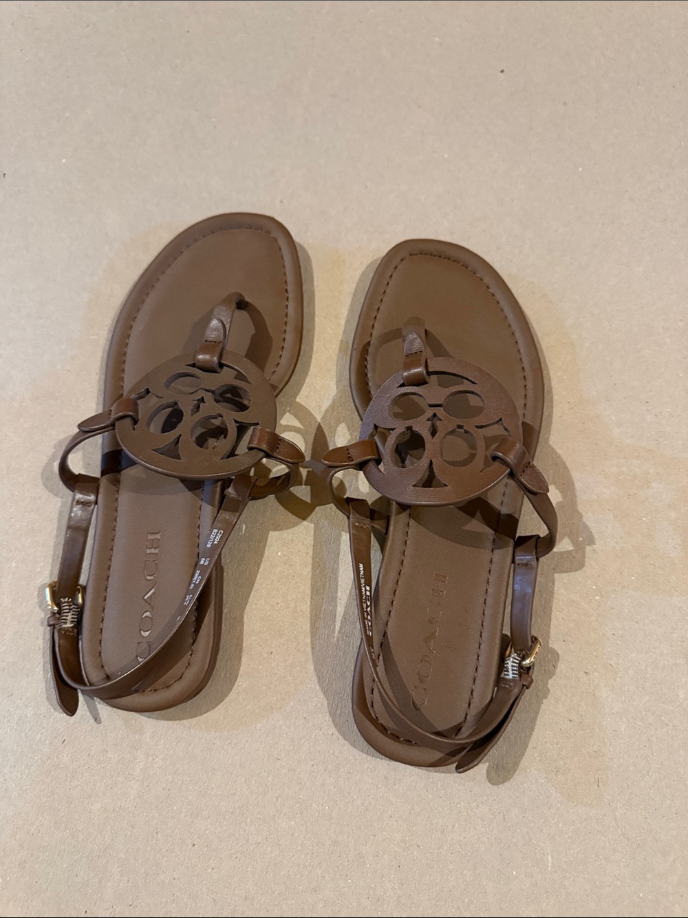 Coach Brown Leather Logo Circle Thong Sandals